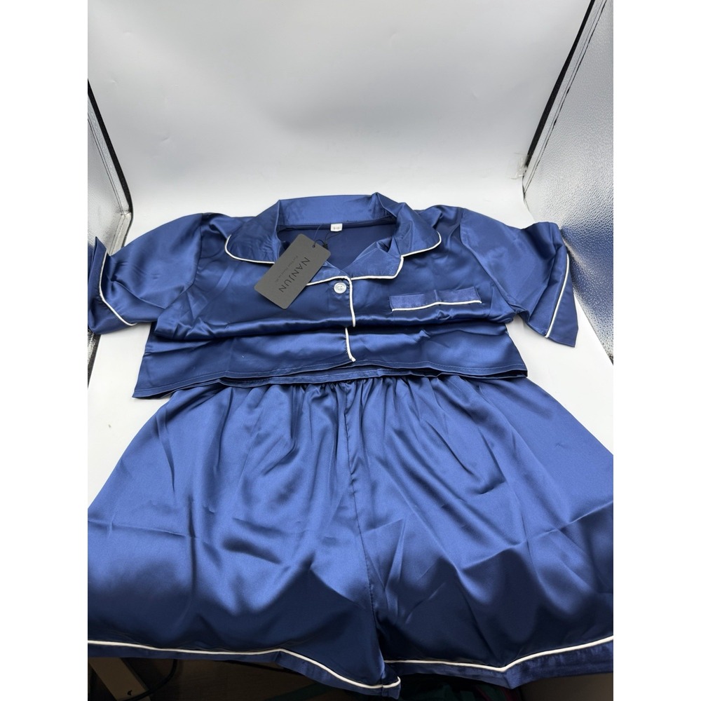 Women's Silky Satin Short Sleeves Top & Shorts Pajama Set Large Blue 2 Piece
